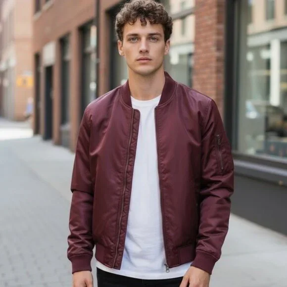 🌻NEW w/tag Label Go-To Bomber Jacket Marron Nylon Zip Front Long Sleeve Size L - Picture 1 of 9